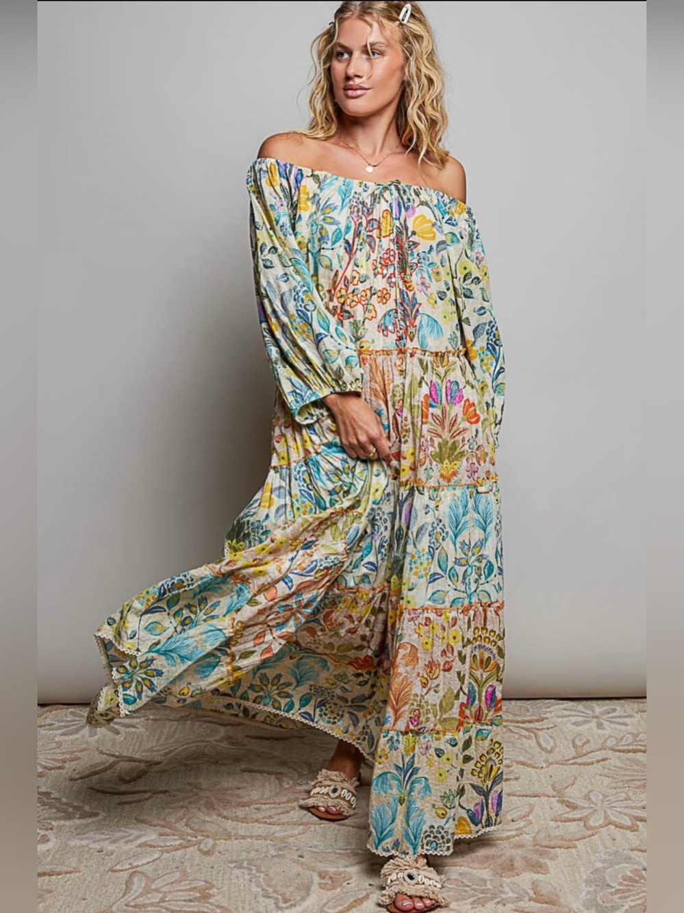 POL “ Tulum Daydream “ Maxi Off The Shoulder Dress | Floral - Picture 3 of 6